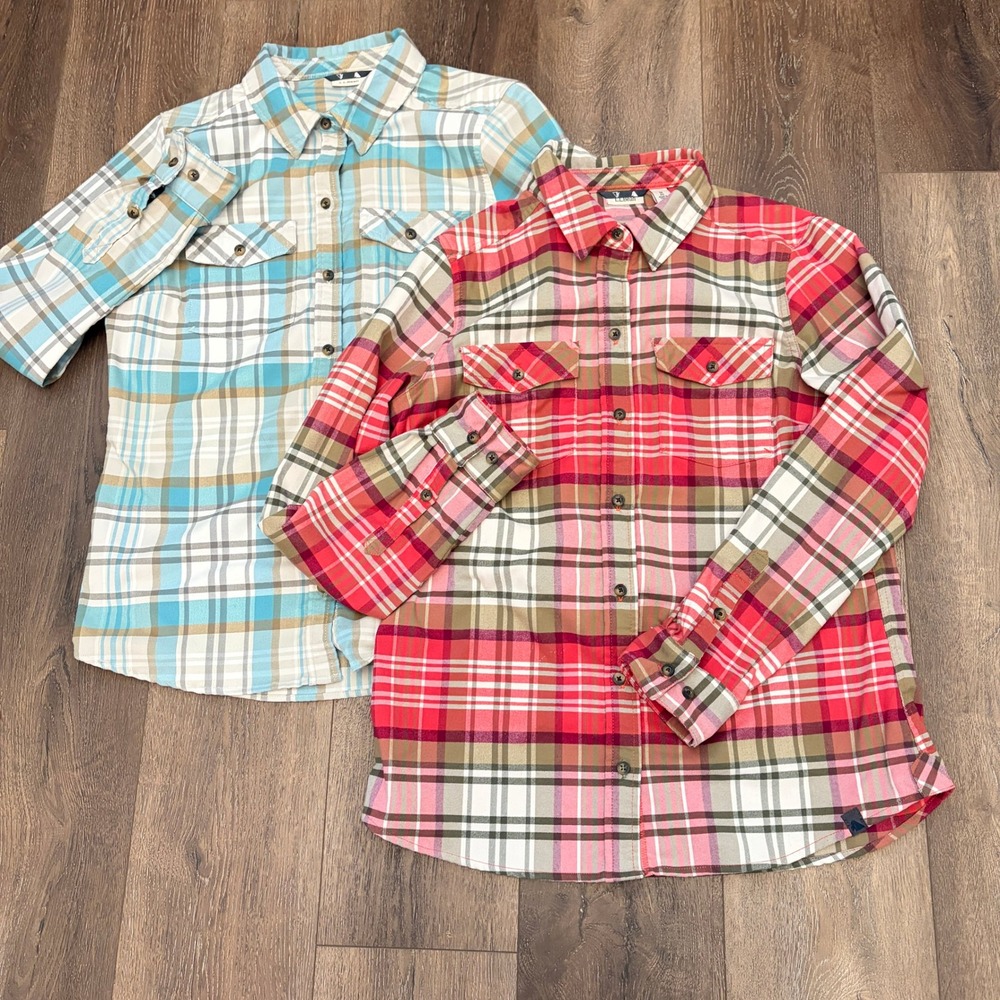 LL Bean Shirts Women Set of 2 M Blue Pink Red Plaid Outdoor Casual Gorpcore